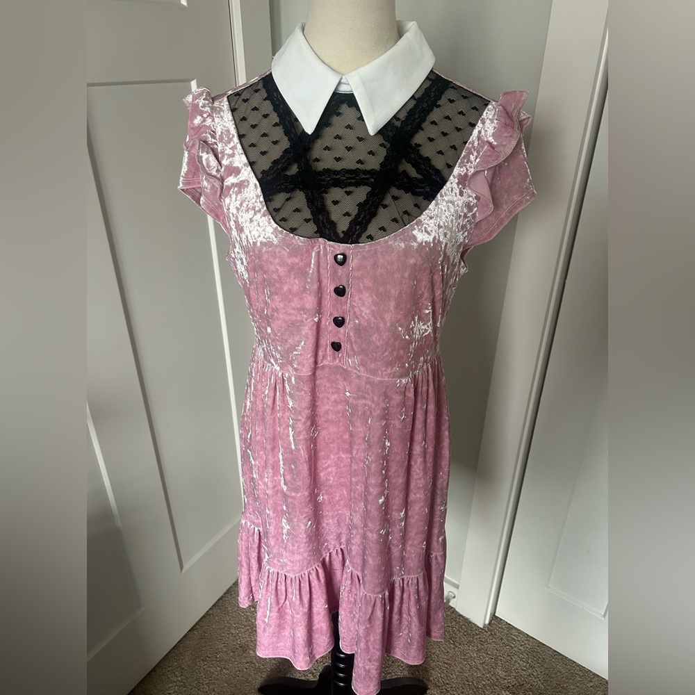 Killstar Pink Crushed Velvet Ruffle Dress with Contrast Collar